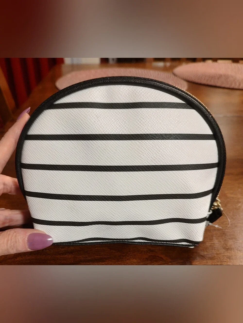 Striped White and Black Cosmetic Pouch